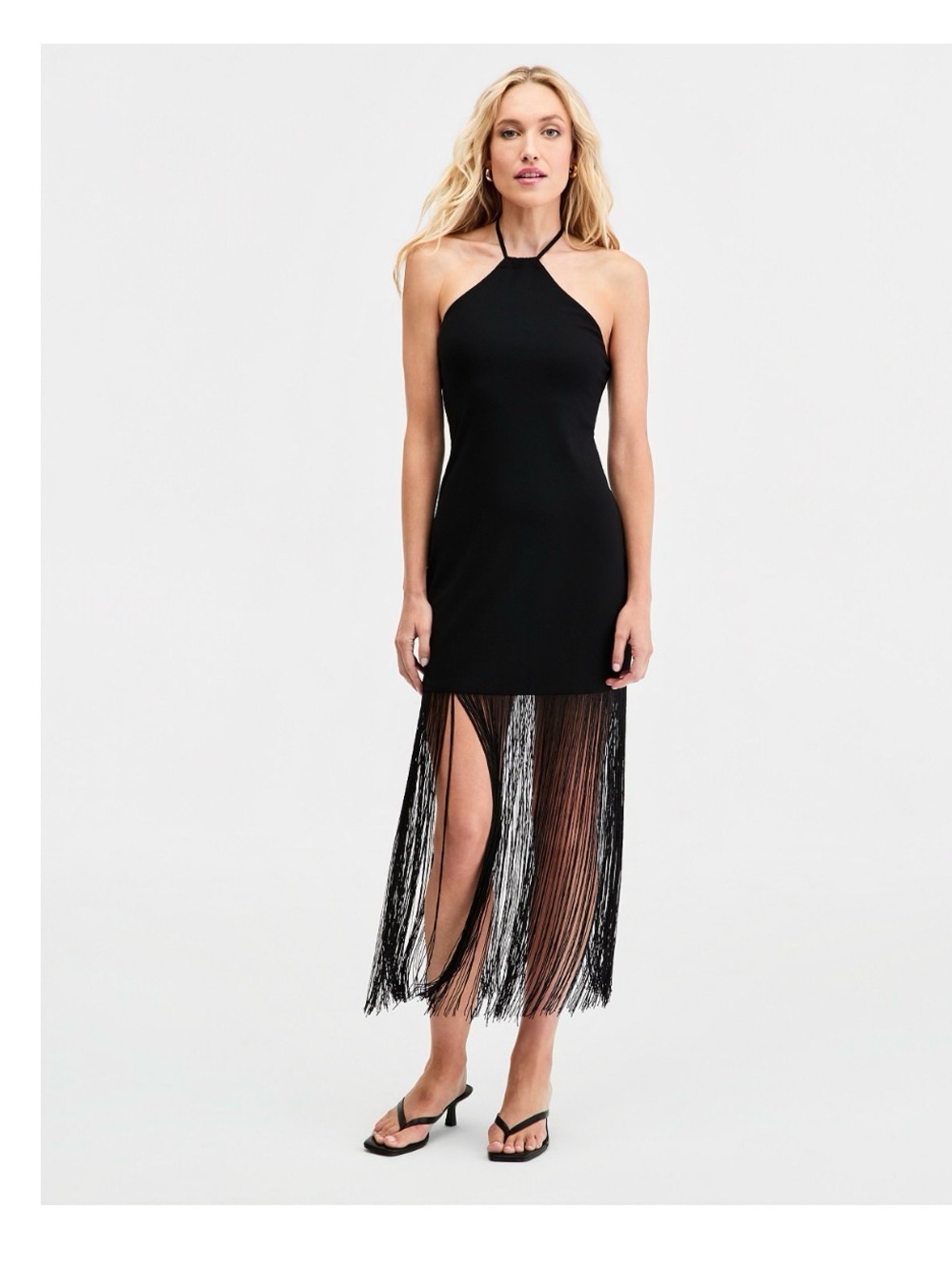 Bar III Black Halter Fringe High-Low Dress